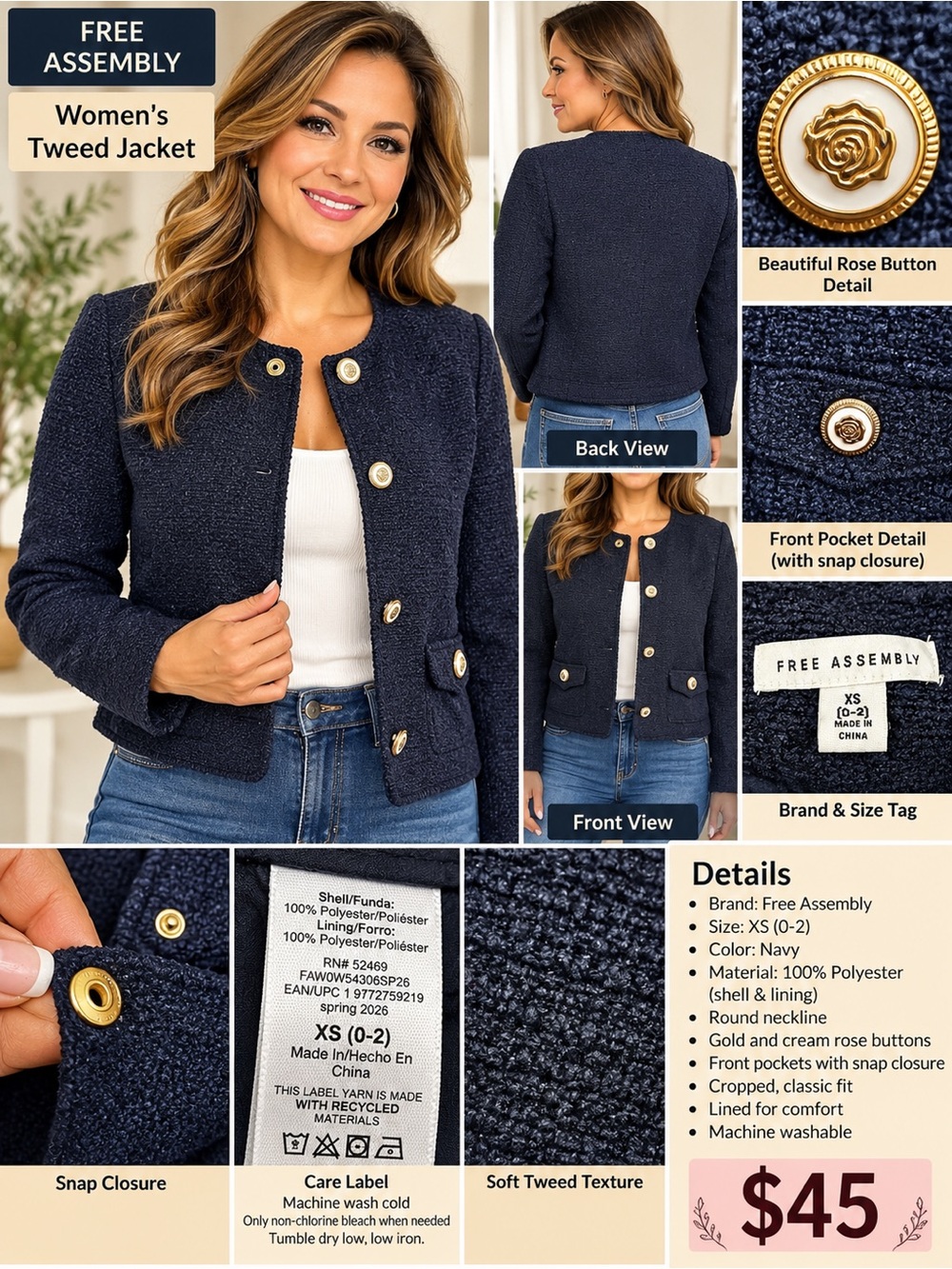 Navy Tweed Jacket for Women